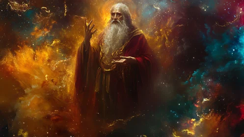 Elder cosmic sage surrounded by glowing nebula light.