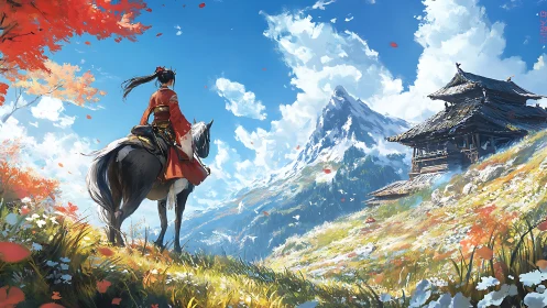 Horseback warrior gazes toward a distant mountain temple.