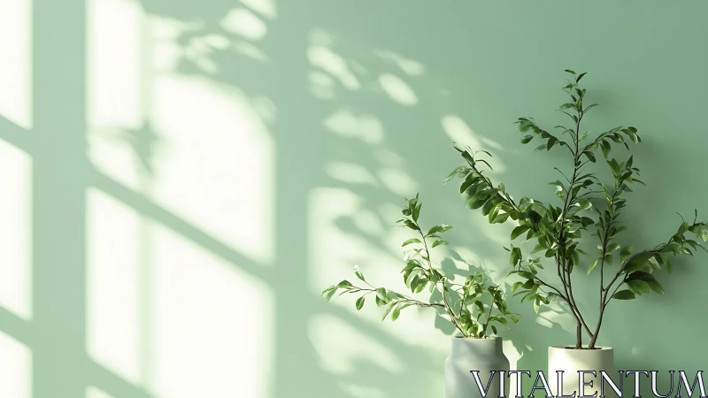 Sunlit potted plants casting shadows on pastel wall.