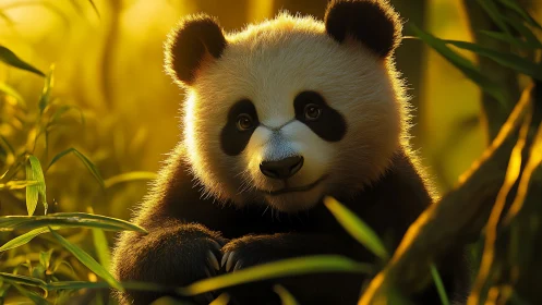 Young panda sits among bamboo in warm golden light.