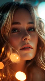 Softly glowing portrait framed by dreamy golden lights.