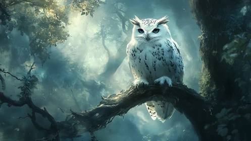 Majestic white owl perched in mystical forest, digital fantasy art.
