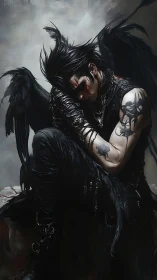Fallen dark angel in black feathered wings, gothic attire