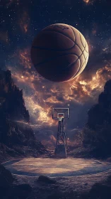 Cosmic basketball court under swirling nebula night sky.