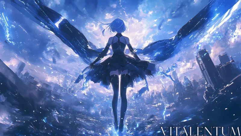 Backlit aerial anime figure above luminous blue megacity skyline.