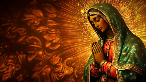 Golden prayers pour from a radiant cloaked Madonna