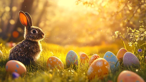 Rabbit among decorated eggs in backlit spring meadow.