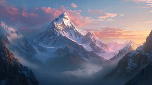 Sunrise light wraps a peaceful snowcapped mountain range
