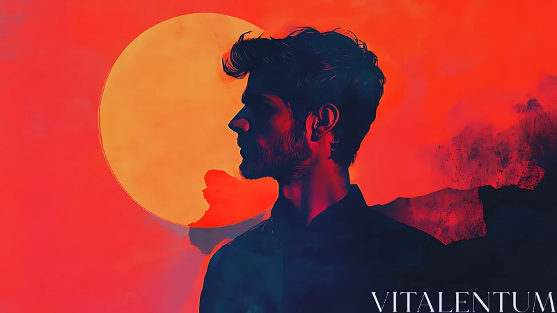 Silhouette of male profile against large circular backdrop.