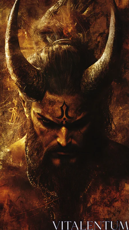 Horned demon warlord portrait in fiery textured darkness.