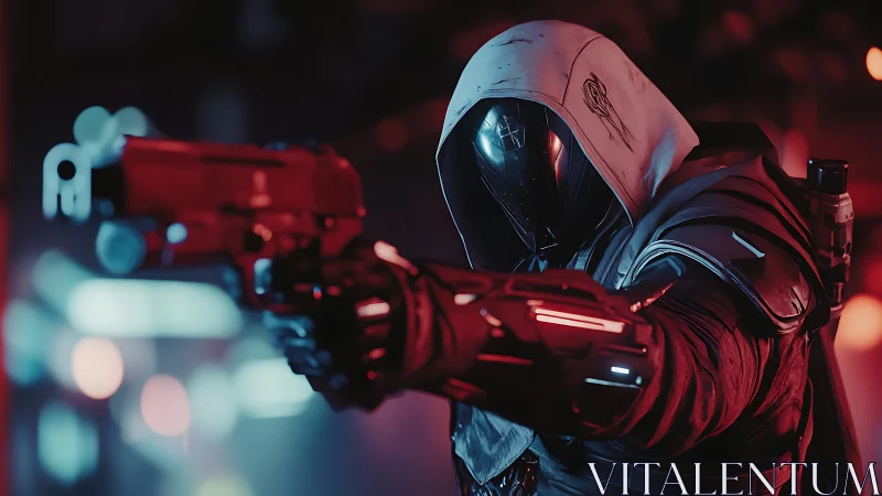 Mysterious cyber hooded warrior aims through neon night.
