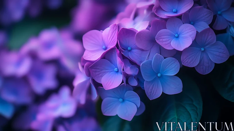 Purple Hydrangea Blooms Under Neon Glow.