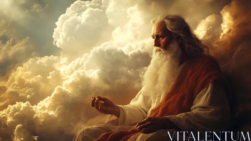 Elderly robed figure seated in radiant golden clouds.