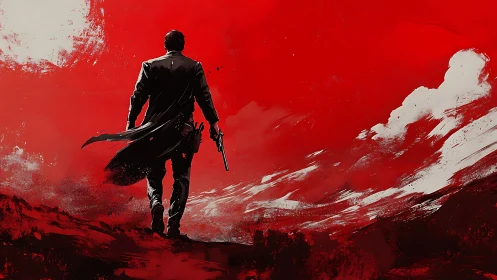 Gunman silhouette strides through abstract crimson storm.