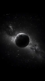 High-contrast rocky exoplanet rendered against dense galactic starfield