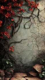 Cracked stone wall with red climbing vine and foliage.