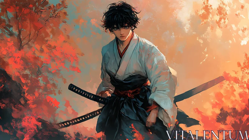 Ronin warrior amid blazing abstract autumn inferno.