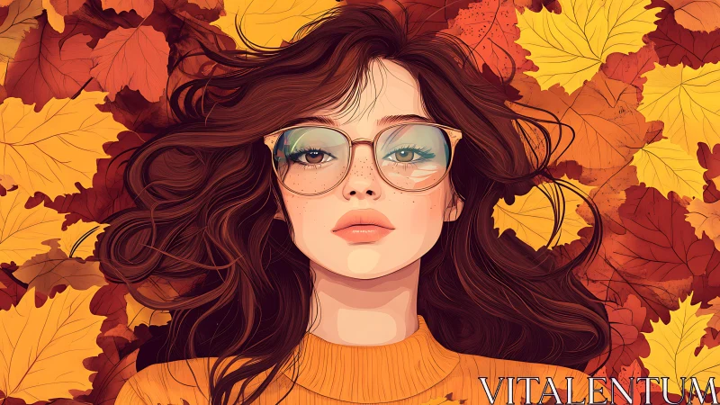 Young woman with glasses lying in colorful autumn leaves.