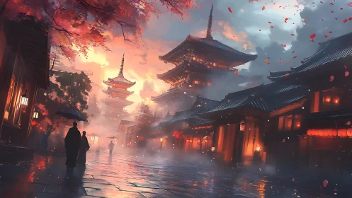 Mist-shrouded pagoda street glows under fiery sunset sky.