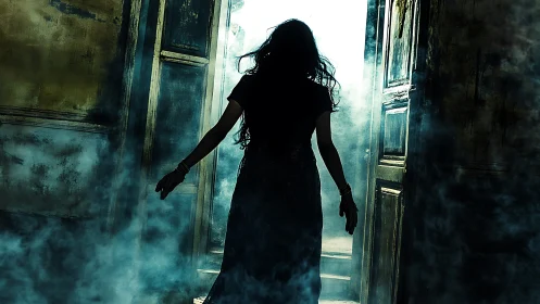 Silhouetted figure stepping through a smoky doorway scene.