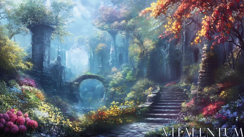 Sunlit garden ruins inviting you up a dreamy forest path.