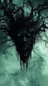 Haunted tree spirit emerges with dripping spectral visage.