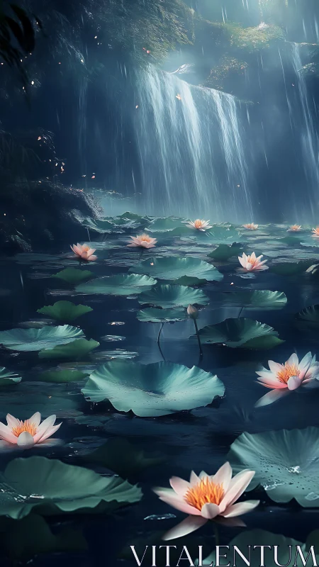 Luminescent water lilies shimmer beneath a misted forest waterfall