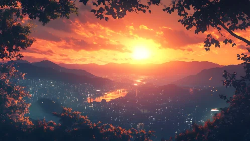 Sunlit river city skyline framed by glowing forest canopy.