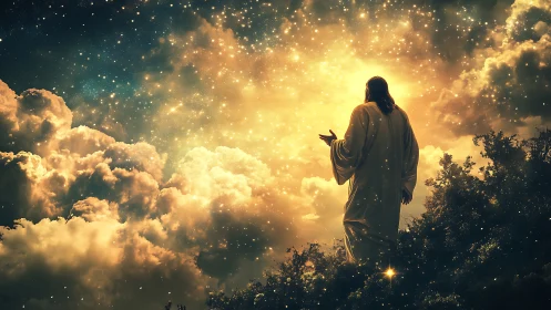 Robe-clad figure in illuminated cloudscape with dense starlight.