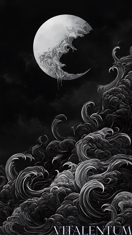 Moonlight melts into storm-tossed ink waves and whispers