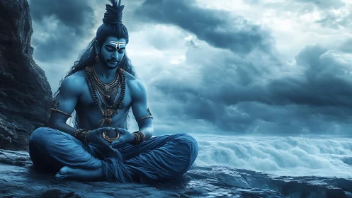 Blue-skinned meditative deity on rocky shore in storm.