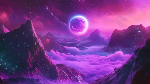 Dreamy violet planet rising over glowing nebula valleys.