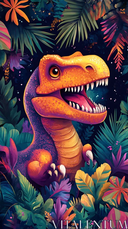 Colorful cartoon dinosaur in dense tropical jungle scene.