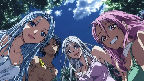 Smiling anime friends lean inward under clear summer sky