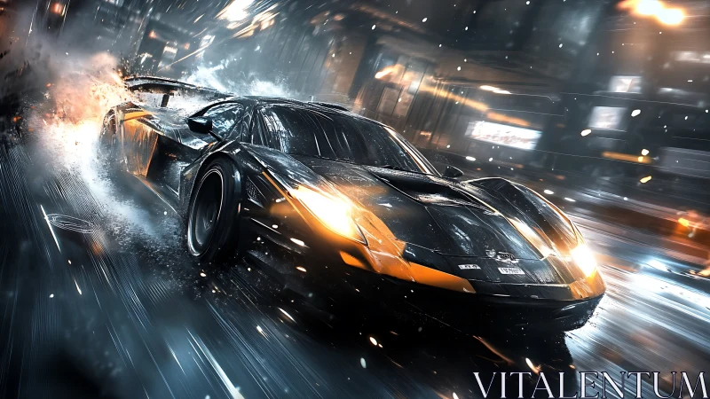 Night-slashed hypercar storms through neon-soaked rainstorm.