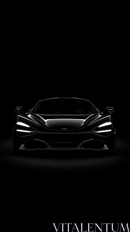 Sleek black supercar glows softly from the darkened void
