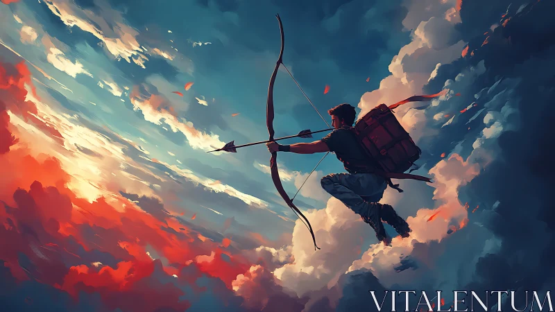 Skybound archer leaping through glowing sunset clouds.