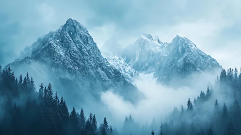 Snowy mountain peaks rise above dense misty evergreen forest
