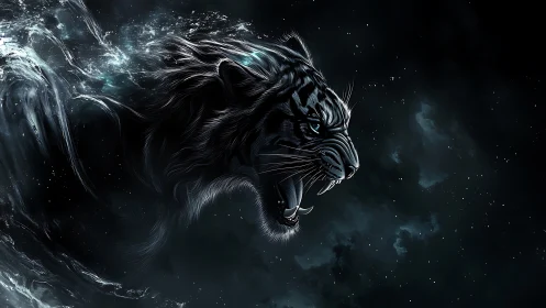 Roaring spectral tiger head emerging from dark space.