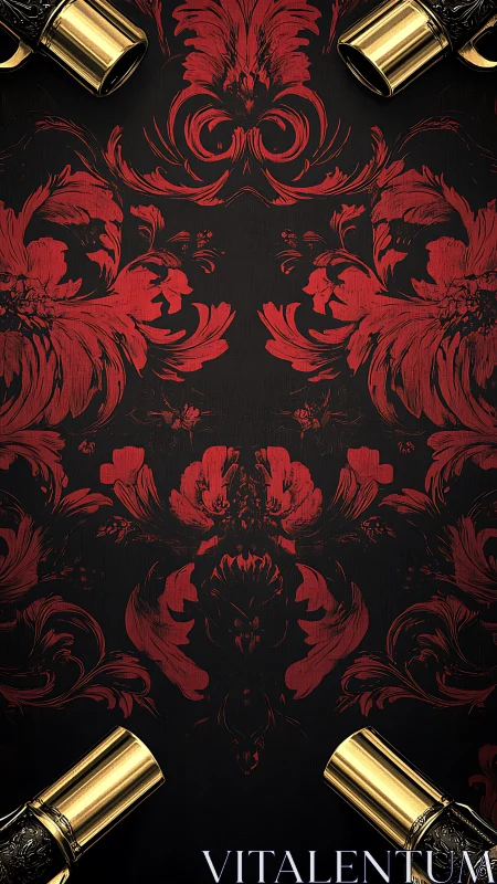 Red baroque floral pattern framed by four gold cylinders