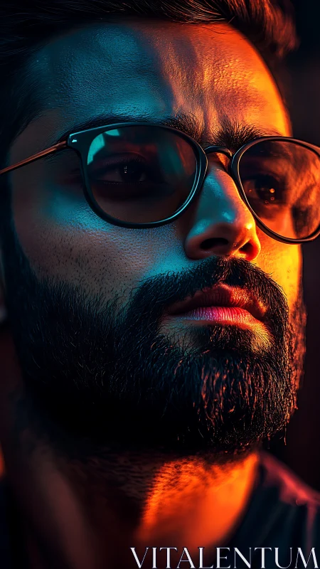 Neon-lit bearded portrait in intense cinematic close-up.