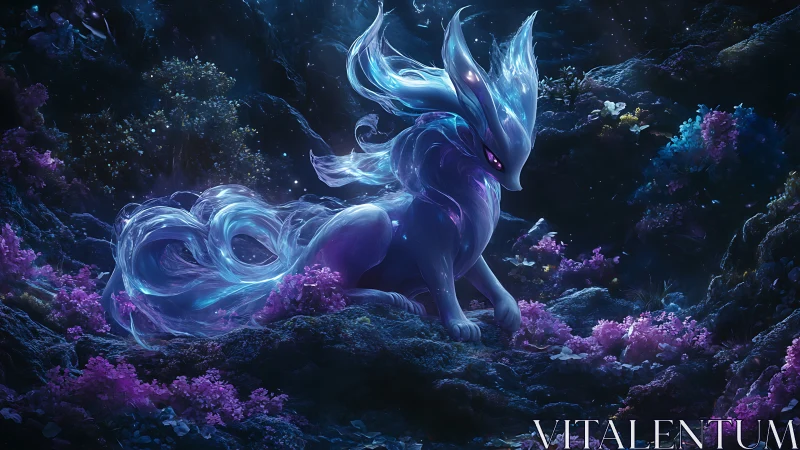 Luminous fox spirit rests in glowing bioluminescent forest