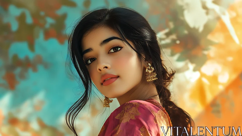 Elegant woman in traditional attire against dreamy colors.