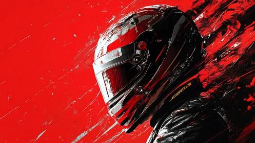 Motorcycle helmet profile rendered against dynamic red field