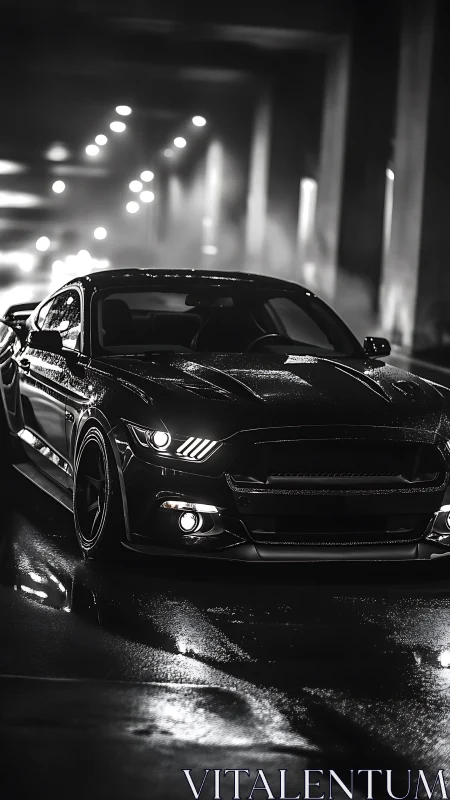 Midnight muscle car glowing softly on rain-slick streets.