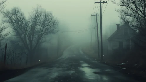 Fog-drowned country road curls past a lone haunted house.