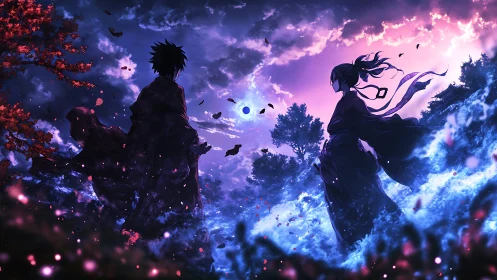 Midnight duel beneath swirling violet and cyan skies.