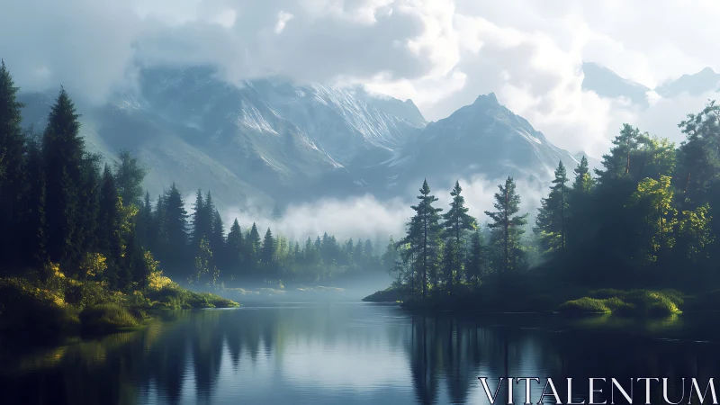 Foggy alpine lake with pine forest and distant peaks.