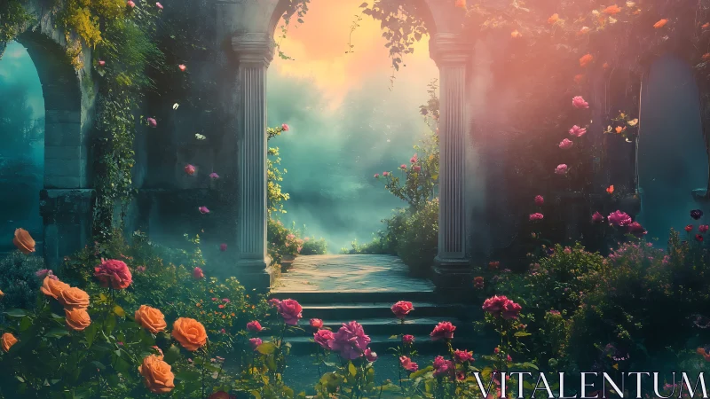 Enchanted Garden Through Marble Columns at Dawn.