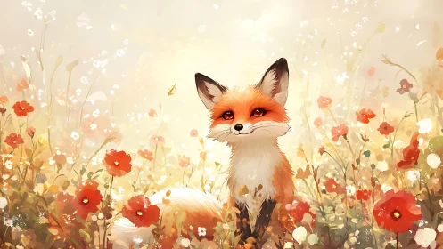 Fox sits centrally within stylized wildflower meadow environment